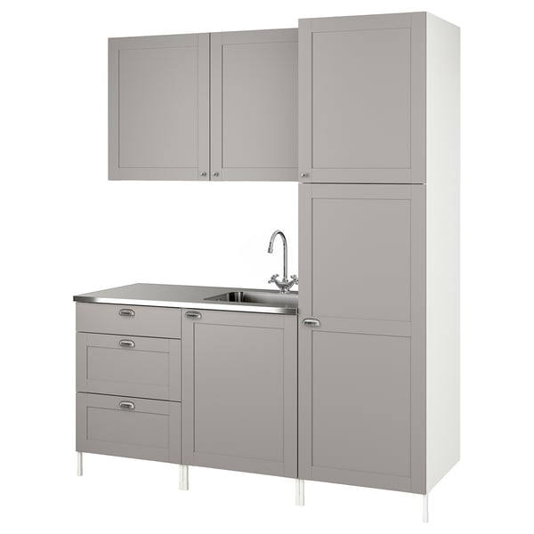 Modern grey ENHET kitchen setup with stainless-steel sink and cabinets.