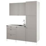 Modern grey ENHET kitchen setup with stainless-steel sink and cabinets.