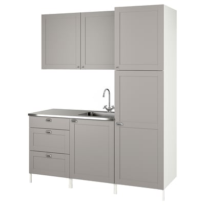 Modern grey ENHET kitchen setup with stainless-steel sink and cabinets.