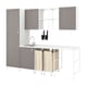 Option: Modern grey kitchen setup with cabinets, open shelves, sink, and laundry bags.