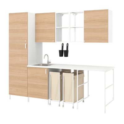 Modern light wood ENHET kitchen setup with open and closed storage.