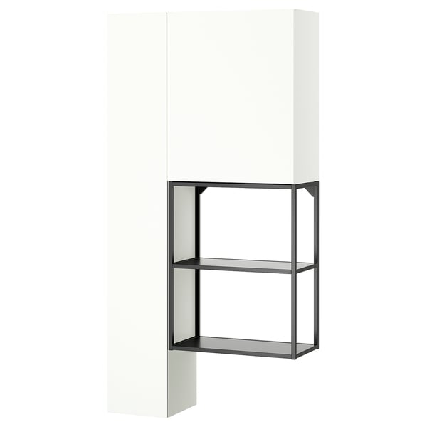 A white ENHET cabinet with black metal shelves. Its tall and rectangular, designed for storage or laundry.