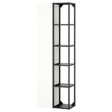 Black metal storage with glass shelves, modern design.