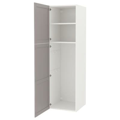 A tall white ENHET cabinet with grey doors, two shelves, and six hooks. Its designed for storage in kitchens or laundry rooms.