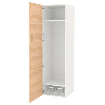 An ENHET storage cabinet with oak-effect doors and white interior, featuring shelves and hooks for organizing items.