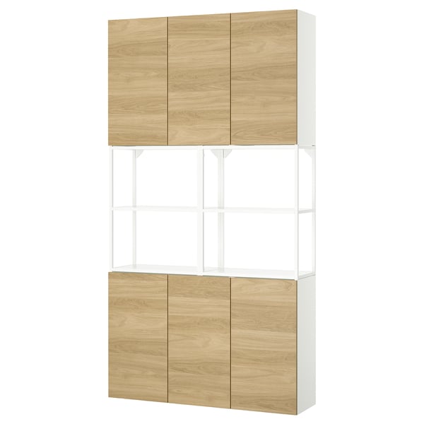 ENHET storage: light wood & white, open & closed shelves, wall-mounted.