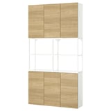 ENHET storage: light wood & white, open & closed shelves, wall-mounted.