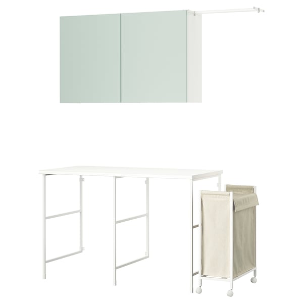 ENHET laundry setup: white countertop, wall cabinet, and laundry bag. Modern, functional design for efficient sorting and drying.