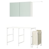 ENHET laundry setup: white countertop, wall cabinet, and laundry bag. Modern, functional design for efficient sorting and drying.