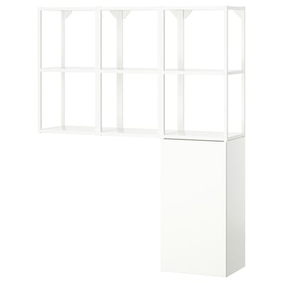 Depicts a white ENHET storage unit with a mix of open shelves and closed cabinets, ideal for kitchen, bath, or laundry use.