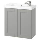 ENHET grey vanity: modern, wall-mounted with white basin, smooth ceramic top, grey framed doors.