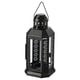 ENRUM black lantern, metal & glass, floral cutouts, hanging handle.