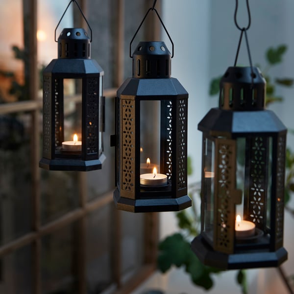 ENRUM Lantern for tealight, in/outdoor, black, 22 cm