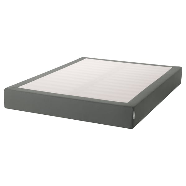 Gray ESPEVÄR bed base, rectangular, fabric-covered, on slats.