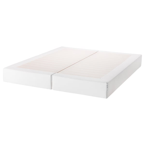 A white ESPEVÄR mattress base, rectangular, with two parts, made of pine and polyester.