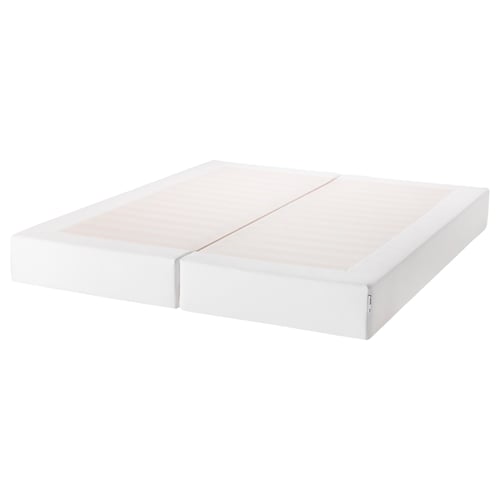 A white ESPEVÄR mattress base, rectangular, with two parts, made of pine and polyester.