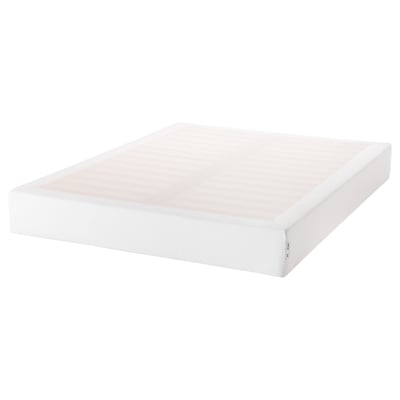 A white ESPEVÄR mattress base. It is rectangular, made of solid pine and polyester, designed to support and elevate a bed.