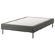 Option: Gray upholstered bed base with metal legs. Its a modern, low-profile frame designed for comfort and support.