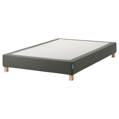 ESPEVÄR bed base, dark grey, fabric-covered, rectangular, with four wooden legs, for mattress support and elevation.