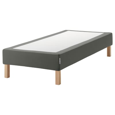 Espevar gray fabric ottoman bed base, light wood legs, rectangular design.