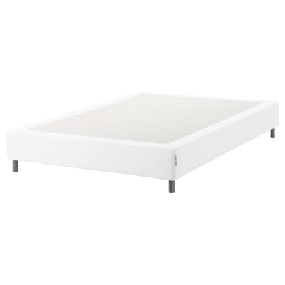 A white ESPEVÄR bed base, rectangular with four metal legs, providing support and elevation for a mattress.