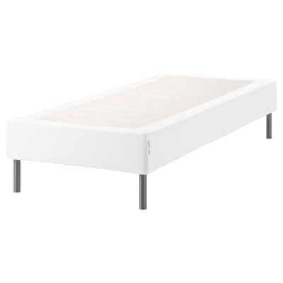 An ESPEVÄR white mattress base with metal legs for bed support.