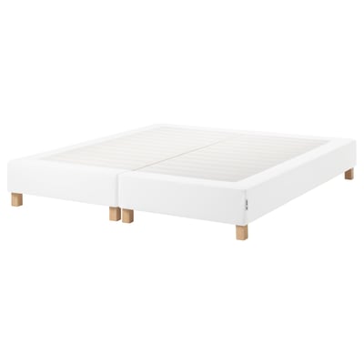 A white ESPEVÄR bed base with wooden legs, featuring a rectangular shape and minimalist design.