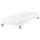 A white ESPEVÄR bed base with wooden legs. It lifts mattresses, supports shape, and has removable cover.