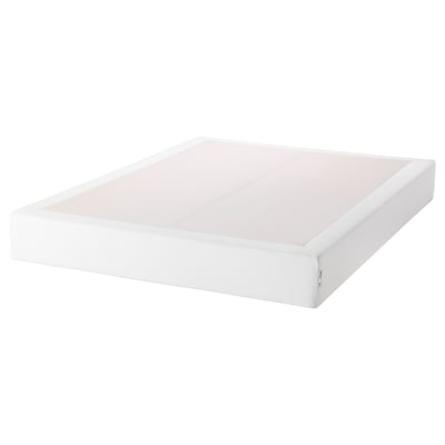 An ESPEVÄR white mattress base, rectangular with a smooth, clean design. Its made of solid pine, polyester, and cotton.