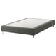 Espevar gray bed base; upholstered, elevated, four steel legs, clean lines.