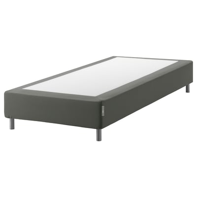 Grey upholstered bed base with metal legs, providing mattress support.