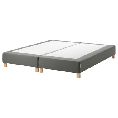 Espevar grey fabric mattress base, raised bed with wooden legs.