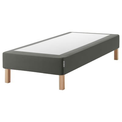 ESPEVÄR gray bed base, upholstered in durable fabric, elevated on wooden legs, rectangular.