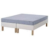 ESPEVÄR/VADSÖ bed: square, white base with light blue mattress, wooden legs, bonnell springs.