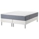 White bed frame with blue-gray mattress. Sturdy stainless legs, supportive pocket springs.