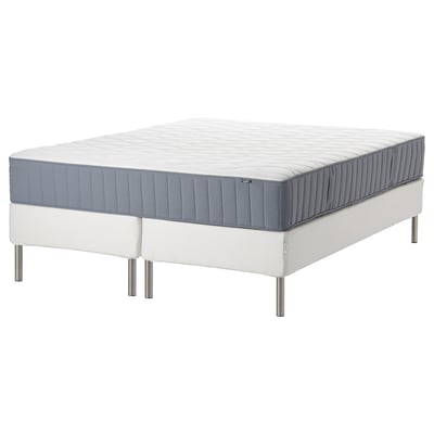 White bed frame with blue-gray mattress. Sturdy stainless legs, supportive pocket springs.
