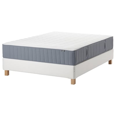 White bed with blue mattress, wooden legs, plush top layer, and pocket springs for comfort.