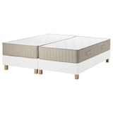 Two beige mattresses, beige sides, on white adjustable bases with wooden legs.