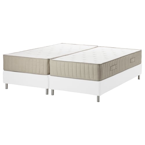 Split king size bed with white base, beige mattress and handles for easy movement.