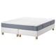 Mattress set with white and blue accents, modern design, wooden legs.