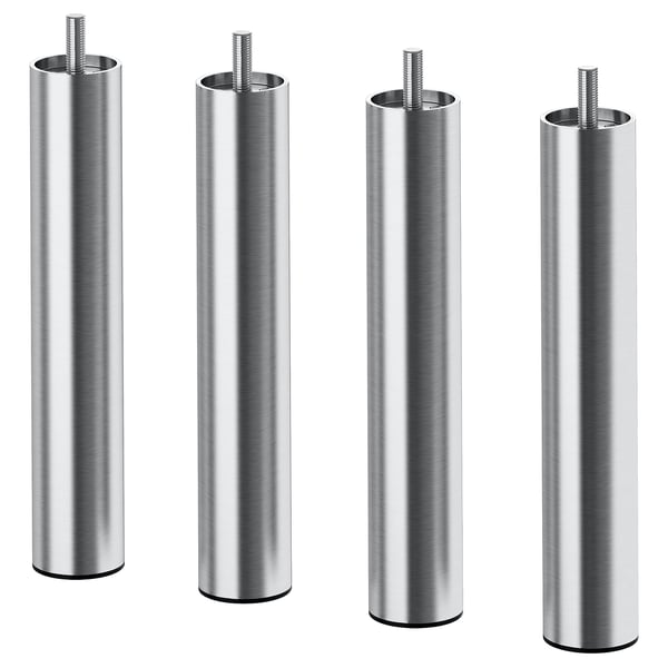 Four metallic, silver cylindrical legs with threaded tops; stainless steel, sleek design for furniture support.