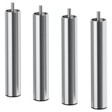 Four metallic, silver cylindrical legs with threaded tops; stainless steel, sleek design for furniture support.