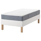 ESPEVÄR/VESTERÖY twin mattress on white bed frame, rectangular with wooden legs, soft fabric design.