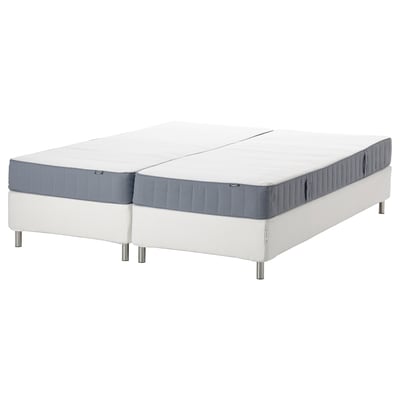 Two split mattresses on white base, blue trim, rectangular shape.