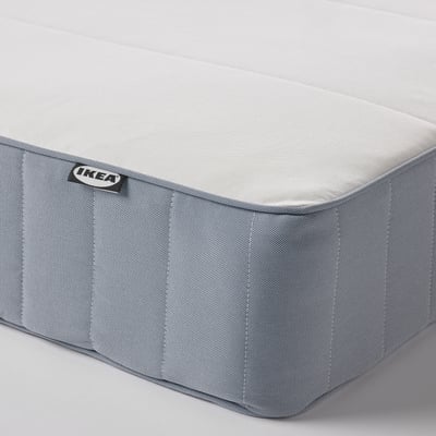 A close-up of a gray ikea mattress on a white background, showing its smooth cover and sturdy design.
