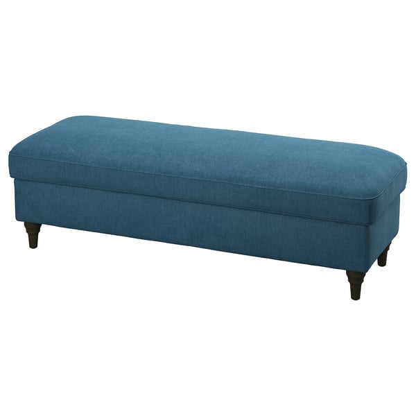 ESSEBODA bench: blue, rectangular, upholstered with dark wooden legs.