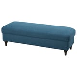 ESSEBODA bench: blue, rectangular, upholstered with dark wooden legs.