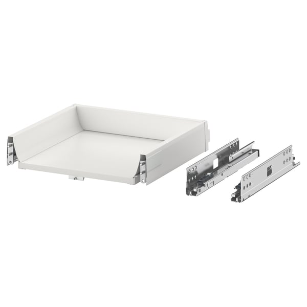 A white handleless drawer with metal runners.