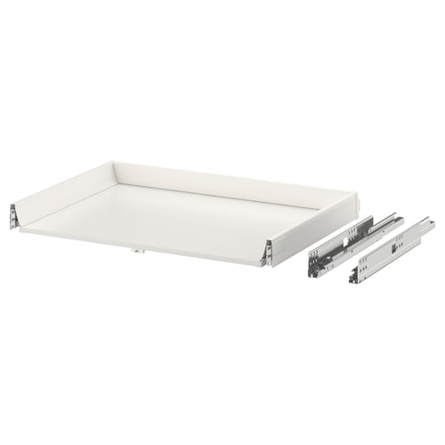 White push-to-open drawer with smooth runners & dampers, minimalist design for modern kitchens.