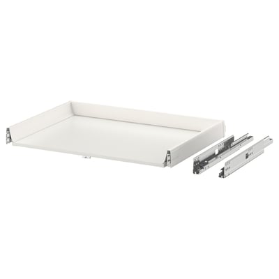 White push-to-open drawer with smooth runners & dampers, minimalist design for modern kitchens.